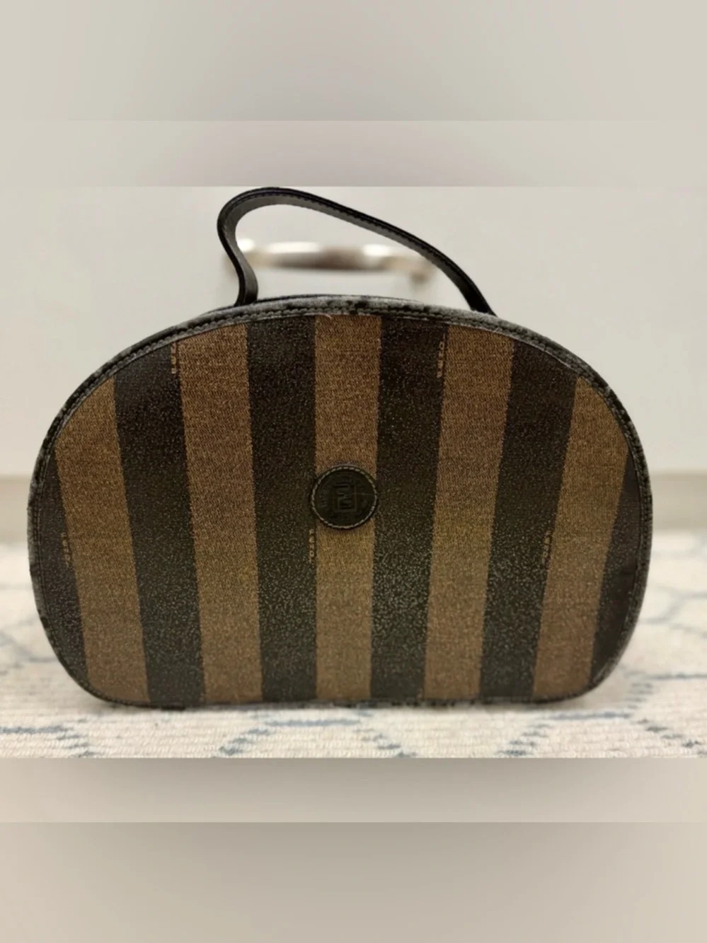 FENDI Vintage Pequin Stripe Brown Black Coated Canvas Vanity Case Cosmetic Bag